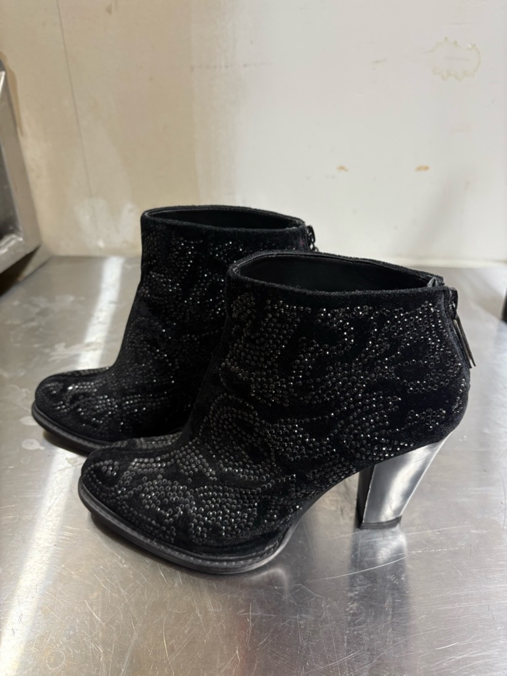 Black Embellished Suede Ankle Booties with Metallic Block Heel